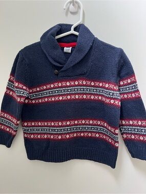 Janie and Jack Navy Shawl Collar Fair Isle Sweater with Red and White Accents